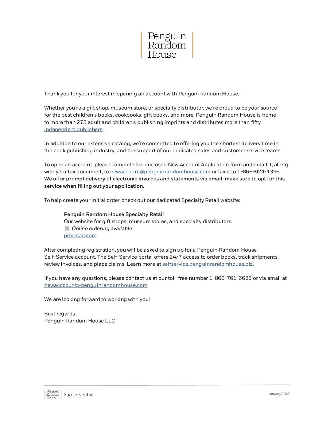 New Account Application for Special Markets cover